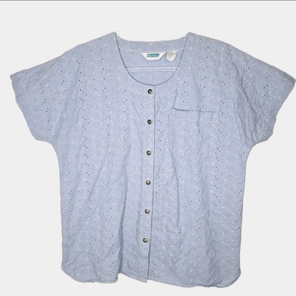 Vintage Embroidered Blue Blouse Size M Cotton Metal Buttons Cottage Fairy Dainty
